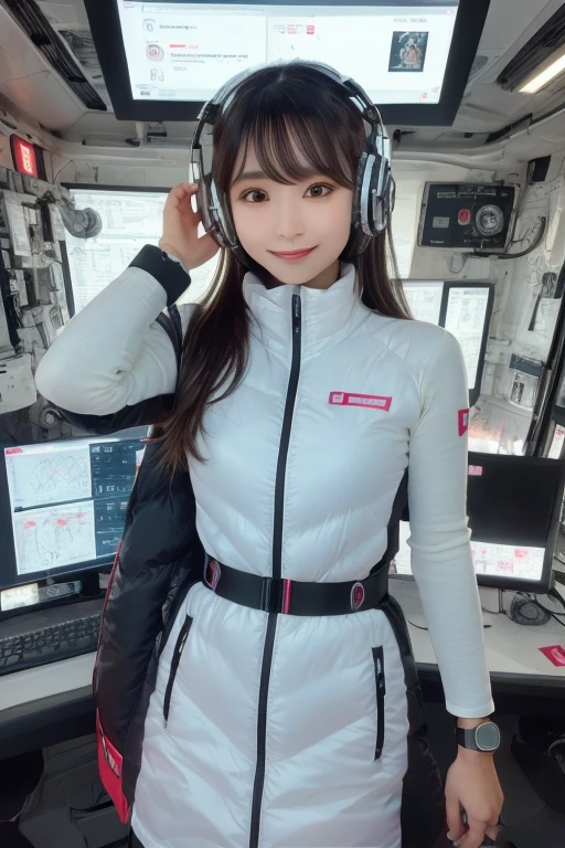 masterpiece, Highest quality, Very detailed, 8K Portrait,Japanese Android Girl,plump , Control panel,Robotic arms and legs, Blunt bangs,,break (Metallic Gray, Metallic luster, Mirror finish, Astro Best):5,headphone:5,break (Black sleeves):100,Smart Watches,Futuristic space station,Control Room,break headphone,blue eyes,(Black Hair):2,(Long Hair):1.3,Displaying the viewer,(respirator),break blush:3,Hidden Hand,smile