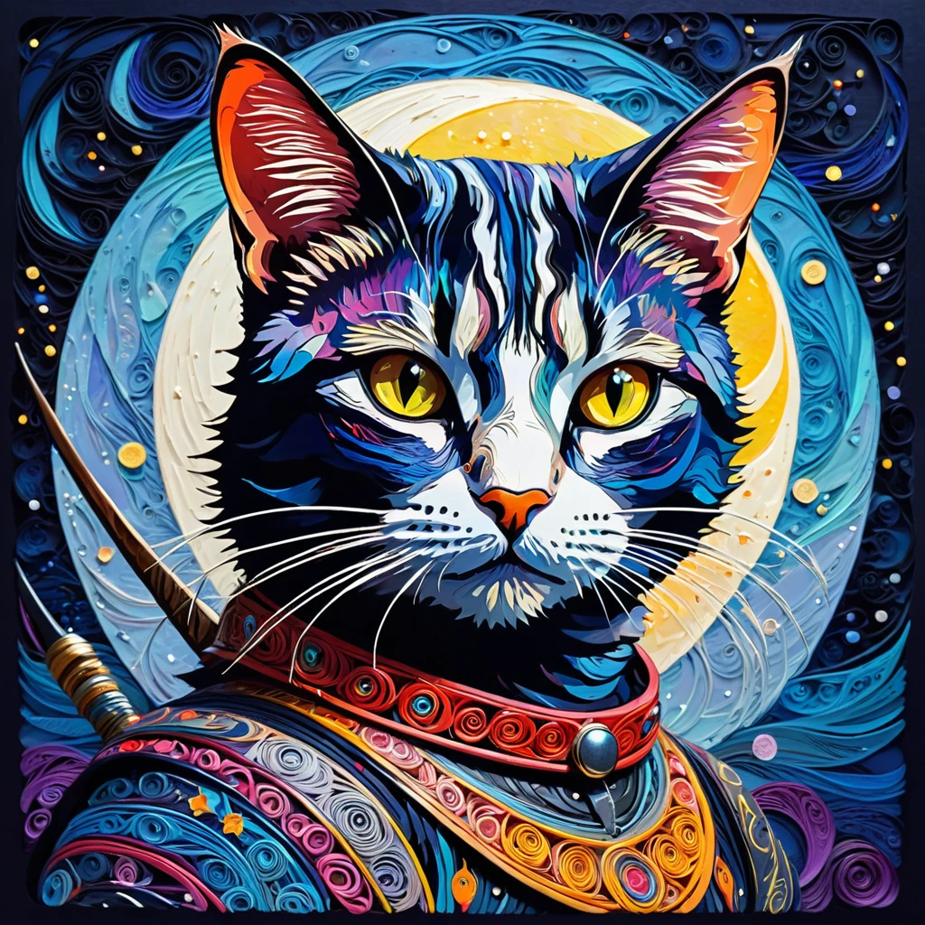 portrait of humanlike cat warrior, moon, shadow, vivid colors, combined woodcut print style, impressionism and naive style, anime style, quilling feature, bokeh, double exposure,