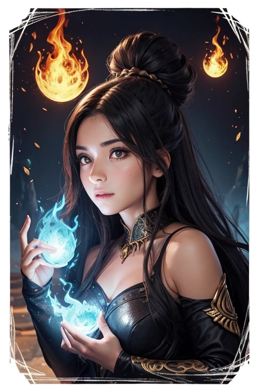 Create a female fire monster character for a fantasy setting. describe your physical characteristics, habilidades especiais, e sua personalidade. Inclua detalhes como:

Appearance: Tamanho, cor e textura da pele, cabelos ou chamas, olhos, and any other distinguishing features.
Habilidades: Poderes relacionados ao fogo, Resistance, and any other magical or physical ability.
Personalidade: Temperamento, motivation, como interage com outros personagens e seu papel no mundo de fantasia.