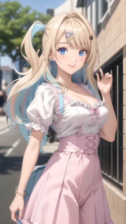(masterpiece, best quality), ShirakawaRuna, 1girl, blonde hair, multicolored hair, bangs, one side up, long hair, blue eyes, hairclip, jewelry, earrings, medium breasts, frills, puffy sleeves, puffy short sleeves, suspenders, frilled skirt, pink skirt, smile, blush, looking at viewer, 