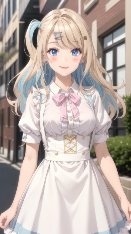 (masterpiece, best quality), ShirakawaRuna, 1girl, blonde hair, multicolored hair, bangs, one side up, long hair, blue eyes, hairclip, jewelry, earrings, medium breasts, frills, puffy sleeves, puffy short sleeves, suspenders, frilled skirt, pink skirt, smile, blush, looking at viewer,