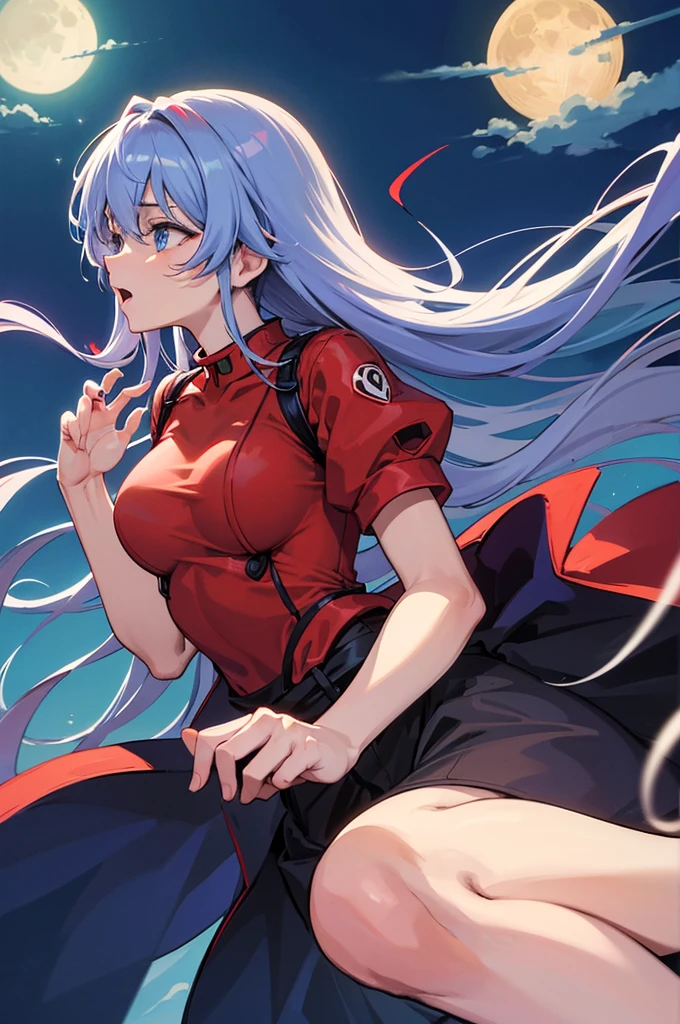 Imagine Asuka, the character from Evangelion, but instead of her characteristic red hair, she has silver hair that shines like the moon on a clear night. Her hair flows freely, each strand capturing and reflecting light, creating an almost ethereal effect.She is very short dressed in light clothing. The fabric is soft and flows with every movement she makes, like a gentle breeze on a summer day. You can feel the texture of the fabric, soft like silk but cool to the touch.The style of the image is similar to 90s anime, which gives it a nostalgic touch. The colors are vibrant but not overwhelming, and there is a balance between shadows and lights that gives depth to the image.Asuka is in a pose that highlights her beauty. Her body is slightly tilted, and you can see the grace and strength in her posture. Her facial expression is of surprise, her blue eyes are wide open and her mouth is slightly open. You can almost hear her exclamation of surprise.The image is very sexy an sensual