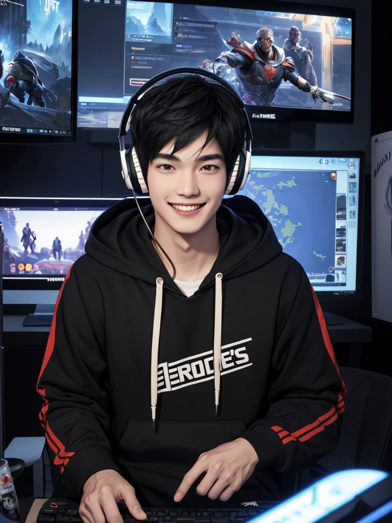 highest quality: 1.0), masterpiece, Age 25,male,Upper Body, Sleep insufficient,insufficient,(Face close-up)P,one person,Grin, Mashed black hair、hoodie,Headphones on neck,,sit in front of the computer and play games, E-sports room background,Gamer's Room,