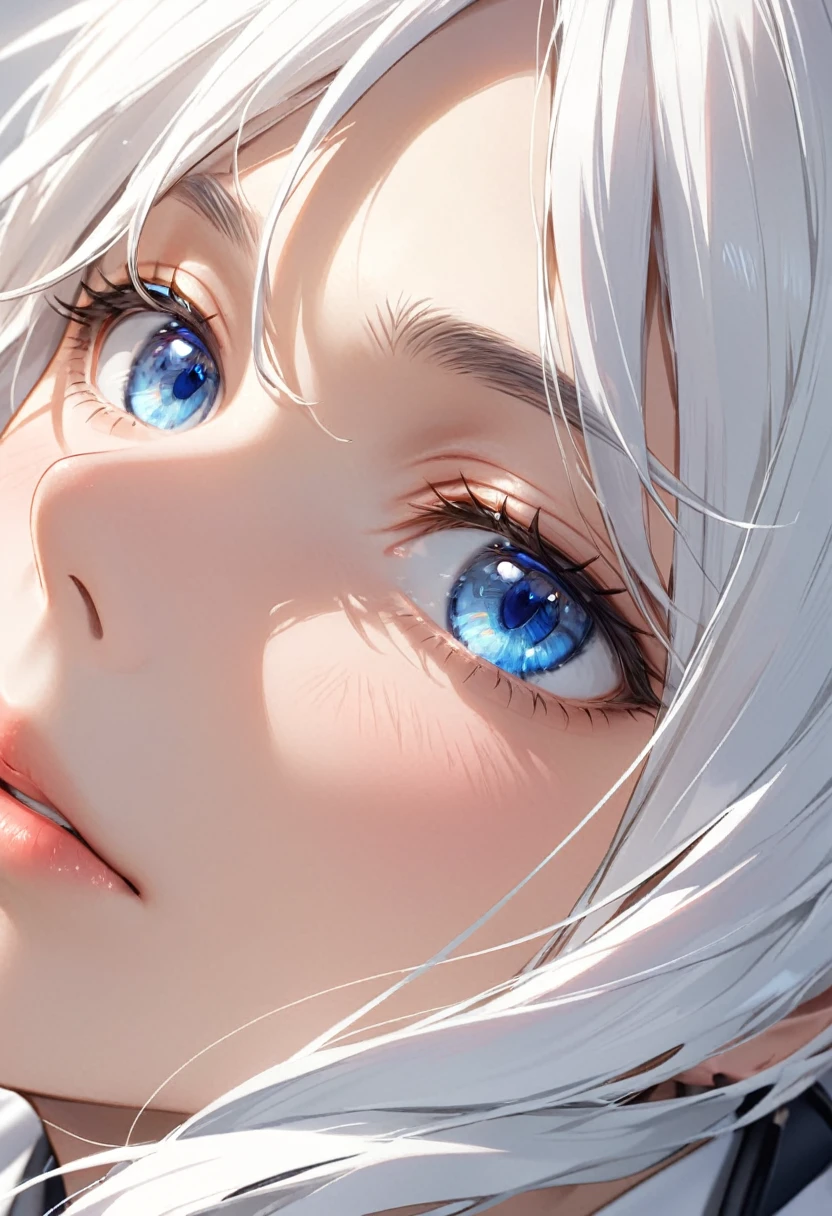One man、Long white hair、doctor's white coatを着ている、Blue Eyes、Face close-up