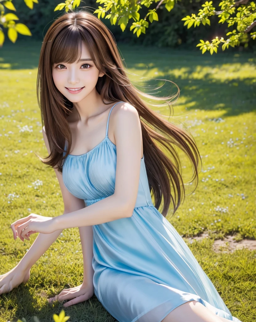 (Highest quality, 32k, High resolution, Masterpiece:1.5), marimo_jet, god々A photograph with brilliant dazzling and healing power., Evoking a sense of calm and elusive beauty, Expressing emotions, Have a rich imagination,Beautiful Japanese Girls, An exceptionally beautiful face, Small Face Beauty, Perfect Human Anatomy, Magical big eyes, Motherhood and generosity, Deep Love, fleeting smile, ((Shiny brown hair:1.1)), Super Long Straight Silk Hair, Asymmetrical bangs, Hair between the eyes, Transparent, soft white skin, Sharp eyebrows, Thin lashes, Natural Makeup, Cheek highlighter, Pale pink detailed lips, ((Blue dress:1.2)), High resolutionの完璧な鎖骨, High resolutionの美しい胸元, Slim figure with ample , High resolutionの美しい太もも, Beautiful legs, ((On the hill in spring:1.3)), Sitting on a green meadow, ((Absolute area:1.6)), Dazzling sunlight, blue sky, White cloud, Professional Lighting, Professional photographer, Professional models, god秘的