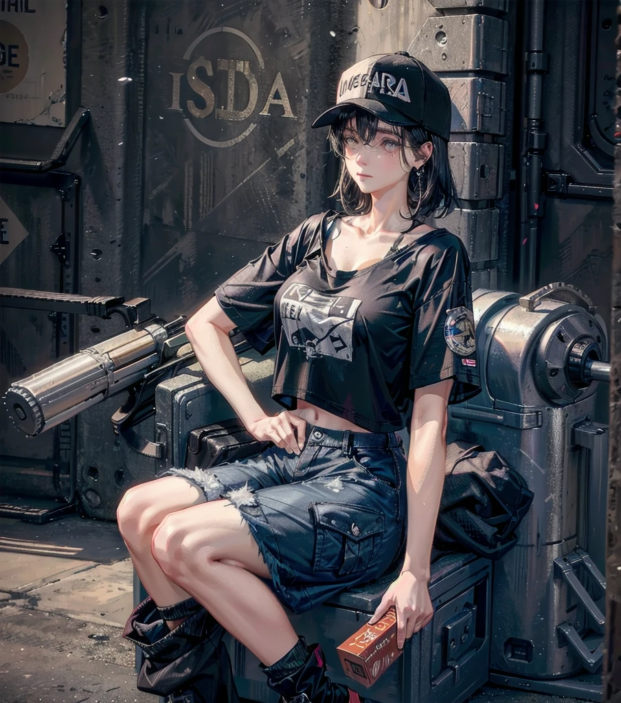 whole body, girl, big tits, medium hair, black hair, tearful mole, earring, baseball cap, black T-shirt, cargo shorts,