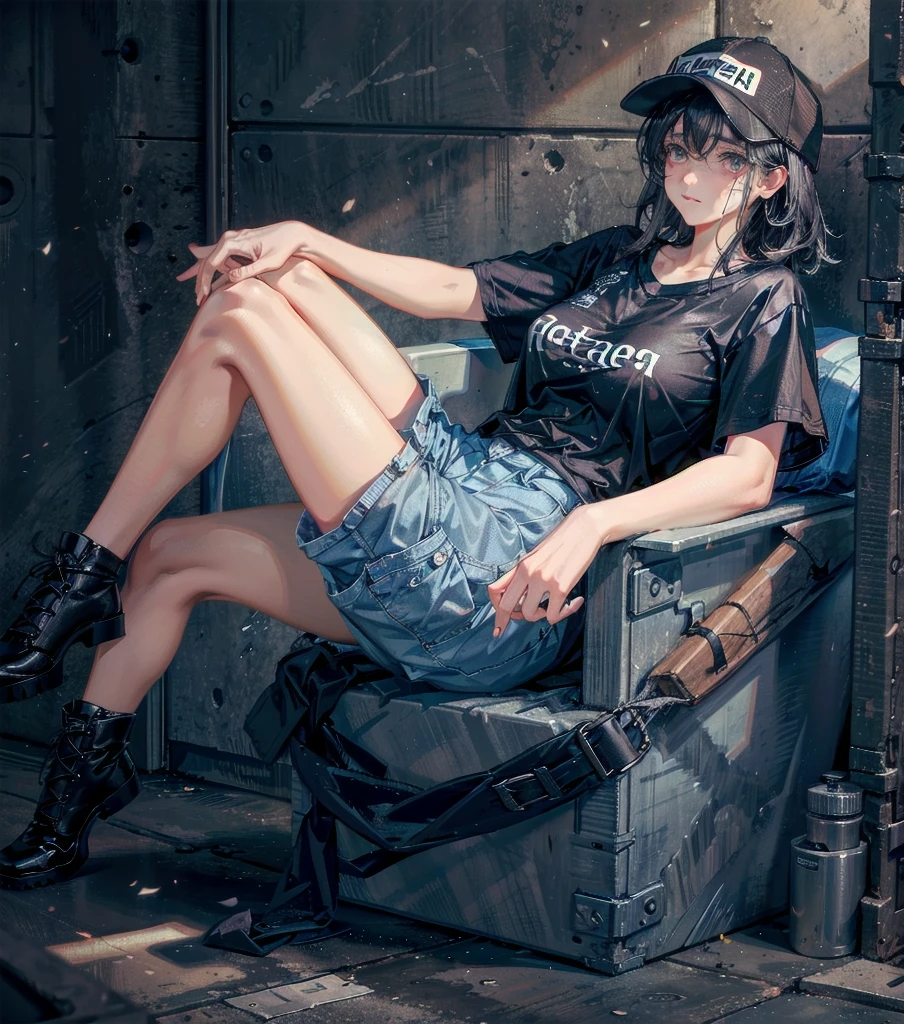whole body, girl, big tits, medium hair, black hair, tearful mole, earring, baseball cap, black T-shirt, cargo shorts,
