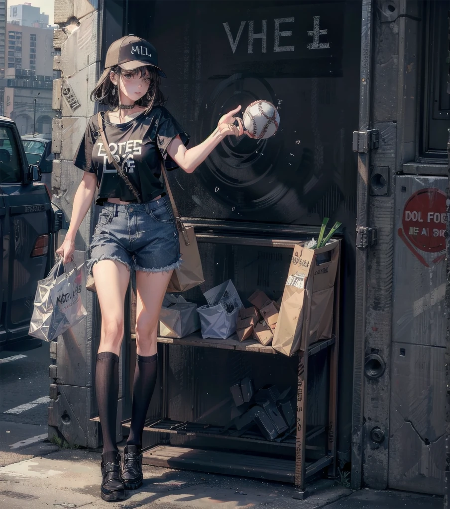 whole body, girl, big tits, medium hair, black hair, tearful mole, earring, baseball cap, black T-shirt, cargo shorts,