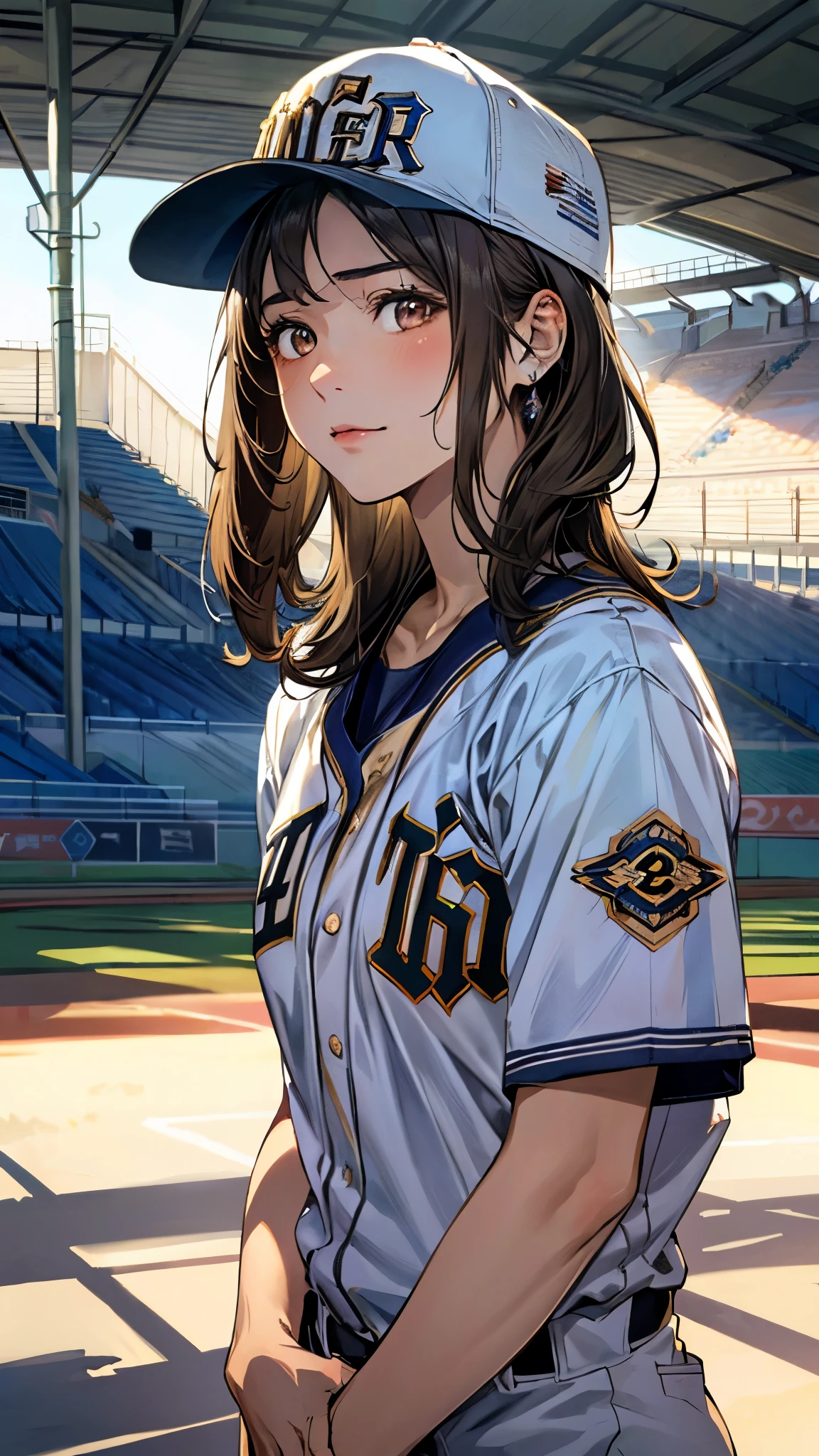 (masterpiece:1.3, top-quality, ultra high res, ultra detailed), (realistic, photorealistic:1.4), beautiful illustration, perfect lighting, natural lighting, colorful, depth of fields, ,
beautiful detailed hair, beautiful detailed face, beautiful detailed eyes, beautiful clavicle, beautiful body, beautiful chest, beautiful thigh, beautiful legs, beautiful fingers, shiny skin, 
looking at viewer, 1 girl, high school girl, baseball cosplay, (perfect anatomy, anatomically correct, super detailed skin), cute and symmetrical face, babyface, perfect face, perfect eyes, , 
(short hair:1.5, straight hair:1.5, light brown hair), swept bangs, gold eyes, drooping eyes, big eyes, long eye lasher, (medium breasts, seductive thighs), skin dendation, 
(detailed cloth texture, baseball uniform:1.2, baseball cap, ), 
(beautiful scenery), summer, late afternoon, (baseball stadium:1.1), standing, (triumph expressions), diffused natural sunlight, diffused natural skin glow, 