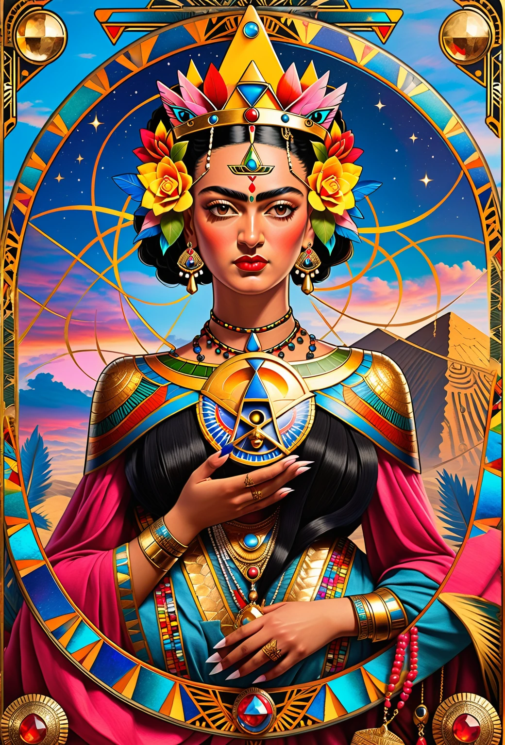 Frida Kahlo as a Tarot Card: score_9, score_8_up, score_7_up, score_6_up, score_5_up,  [ ACOCleopatra],[Black Hair],Cleopatra from Assassin's Creed Origins,[Jewelry],[ancient Egypt],4k,sharp image,detailed, sexy, extremely detailed artgerm,  (masterpiece, best quality:1.2),  (insanely detailed, beautiful detailed, masterpiece, best quality), (insanely detailed, masterpiece, best quality)  of tarot cards, a touch of Frida's signature artistic flair. (best quality, highres, vivid colors, photorealistic, artistic interpretation, detailed portrait), surreal tarot card, Frida Kahlo as a goddess in the tarot deck.