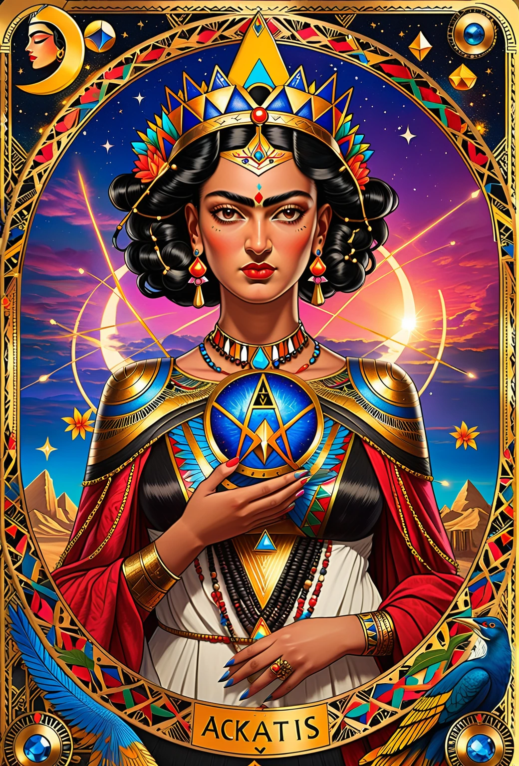 Frida Kahlo as a Tarot Card: score_9, score_8_up, score_7_up, score_6_up, score_5_up,  [ ACOCleopatra],[Black Hair],Cleopatra from Assassin's Creed Origins,[Jewelry],[ancient Egypt],4k,sharp image,detailed, sexy, extremely detailed artgerm,  (masterpiece, best quality:1.2),  (insanely detailed, beautiful detailed, masterpiece, best quality), (insanely detailed, masterpiece, best quality)  of tarot cards, a touch of Frida's signature artistic flair. (best quality, highres, vivid colors, photorealistic, artistic interpretation, detailed portrait), surreal tarot card, Frida Kahlo as a goddess in the tarot deck.