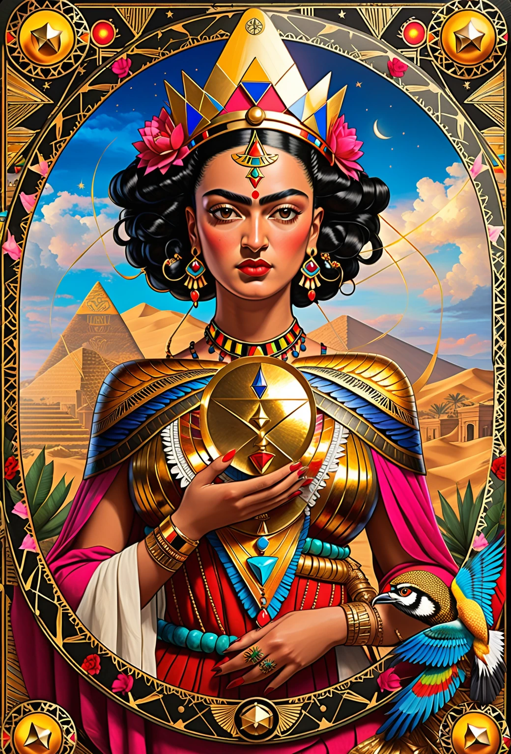 Frida Kahlo as a Tarot Card: score_9, score_8_up, score_7_up, score_6_up, score_5_up,  [ ACOCleopatra],[Black Hair],Cleopatra from Assassin's Creed Origins,[Jewelry],[ancient Egypt],4k,sharp image,detailed, sexy, extremely detailed artgerm,  (masterpiece, best quality:1.2),  (insanely detailed, beautiful detailed, masterpiece, best quality), (insanely detailed, masterpiece, best quality)  of tarot cards, a touch of Frida's signature artistic flair. (best quality, highres, vivid colors, photorealistic, artistic interpretation, detailed portrait), surreal tarot card, Frida Kahlo as a goddess in the tarot deck.