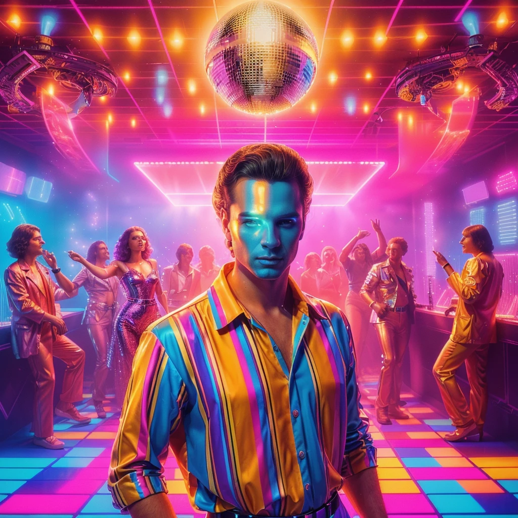 a man standing in front of a disco party with disco lights, synthwave style, disco , 8 0's style tomasz alen kopera, style hybrid mix of beeple, synthwave art style, masterpiece epic retrowave art, synthwave art, 80s style synthwave, poster in 8 0 s style, synthwave art style ]!!