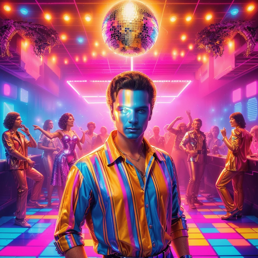 a man standing in front of a disco party with disco lights, synthwave style, disco , 8 0's style tomasz alen kopera, style hybrid mix of beeple, synthwave art style, masterpiece epic retrowave art, synthwave art, 80s style synthwave, poster in 8 0 s style, synthwave art style ]!!