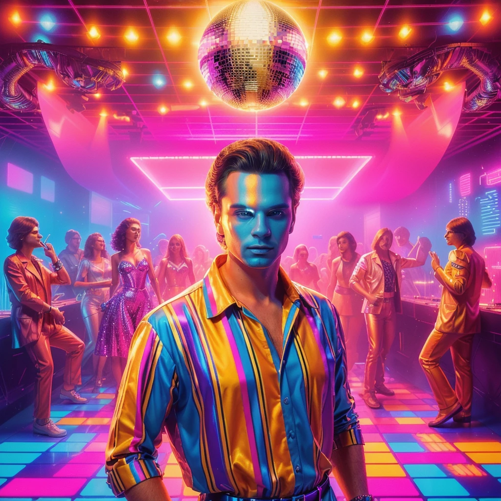 a man standing in front of a disco party with disco lights, synthwave style, disco , 8 0's style tomasz alen kopera, style hybrid mix of beeple, synthwave art style, masterpiece epic retrowave art, synthwave art, 80s style synthwave, poster in 8 0 s style, synthwave art style ]!!