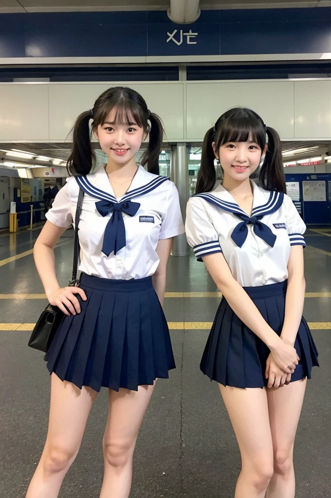 2 girls standing in Japanese railway station,short-sleeved white sailor leotard with navy blue skirt frills,red bow tie,school bags,18-year-old,bangs,a little smile,large bare thighs,knees,legs apart,short hair with low pigtails,from before,front light