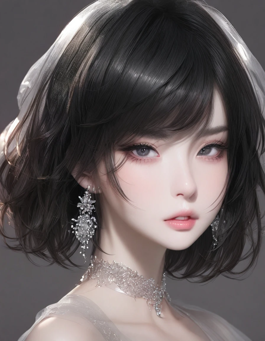 1girl, solo, looking at viewer, short hair, simple background, black hair, jewelry, earrings, parted lips, black eyes, lips, portrait