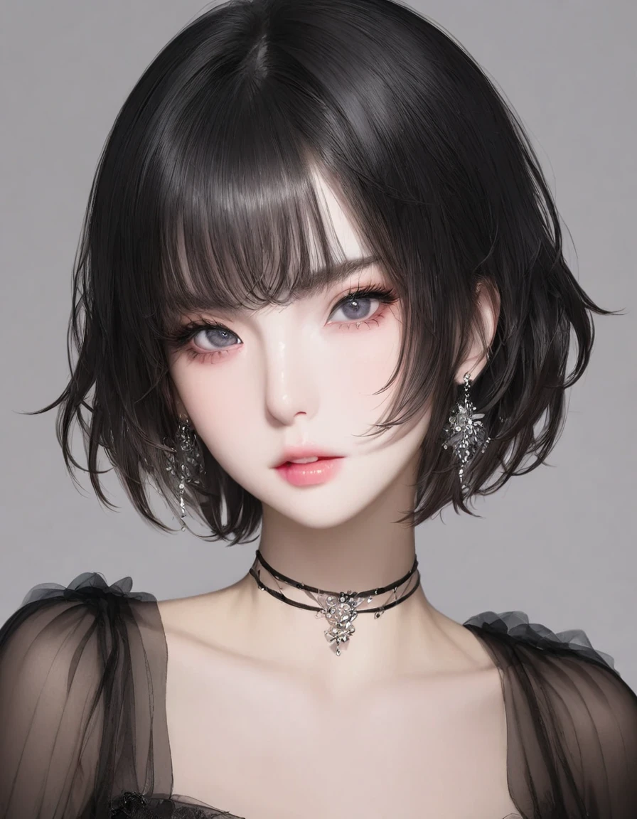 1girl, solo, looking at viewer, short hair, simple background, black hair, jewelry, earrings, parted lips, black eyes, lips, portrait