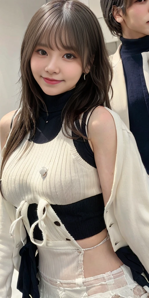 Female, 20 years old, short black wavy hair、bangss、Puffy nipple、(White Turtleneck Knit), cute smile face、((Poses that emphasize the buttocks、turned around))、sexy hips、Cute earrings、(Tilt your head slightly)、underwear、Peachy Butt、Torn、Tattered、See-through、Transparency、baby doll、Idol、garter belt