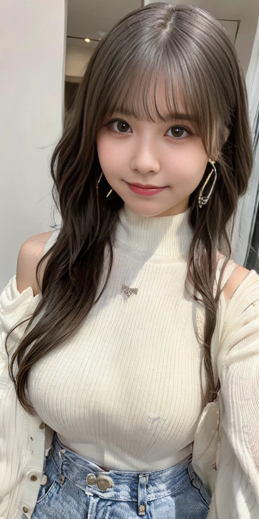Female, 20 years old, short black wavy hair、bangss、Puffy nipple、(White Turtleneck Knit), cute smile face、((Poses that emphasize the buttocks、turned around))、sexy hips、Cute earrings、(Tilt your head slightly)、underwear、Peachy Butt、Torn、Tattered、See-through、Transparency、baby doll、Idol、garter belt