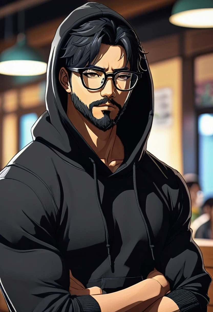 Give me visual novel character. Black hair. black beared. Black glasses. Cant see eyes through glasses.Wearing black hoodie. Buff body. Muscular. Very detailed. 