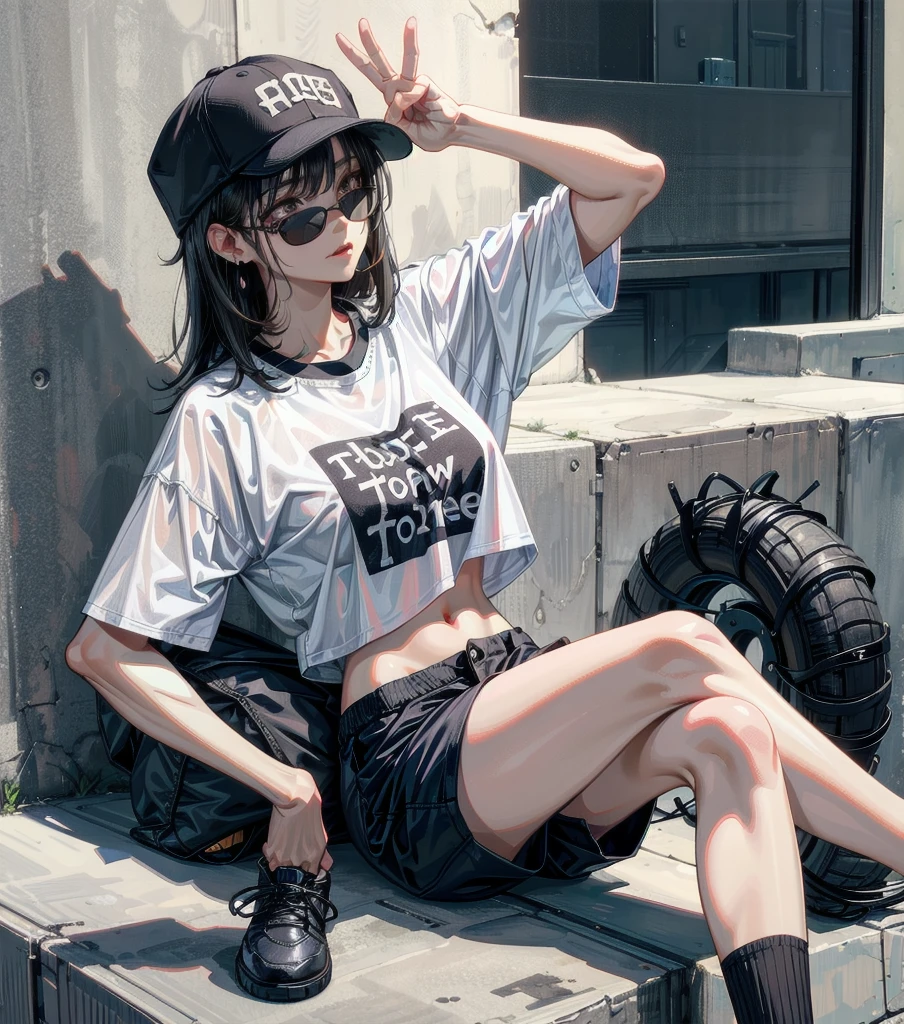 whole body, girl, big tits, medium hair, black hair, tearful mole, earring, baseball cap, black T-shirt, cargo shorts,