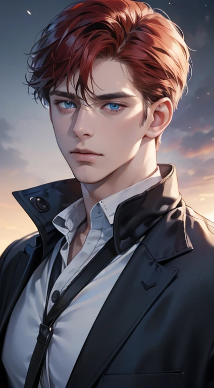 (best quality, masterpiece, 8K, photorealistic, cinematic lighting, 1:4 hdr image, ultra detailed, beautiful image), a mature man, 34 years very handsome, ((cold expression)), short red hair, blue eyes, face perfect without mistakes, ((buttoning his jacket, CEO))