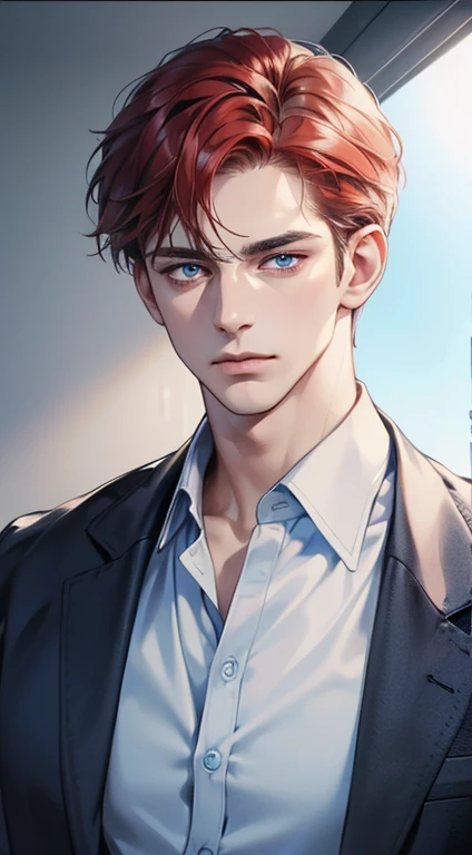 (best quality, masterpiece, 8K, photorealistic, cinematic lighting, 1:4 hdr image, ultra detailed, beautiful image), a mature man, 34 years very handsome, ((cold expression)), short red hair, blue eyes, face perfect without mistakes, ((buttoning his jacket, CEO))
