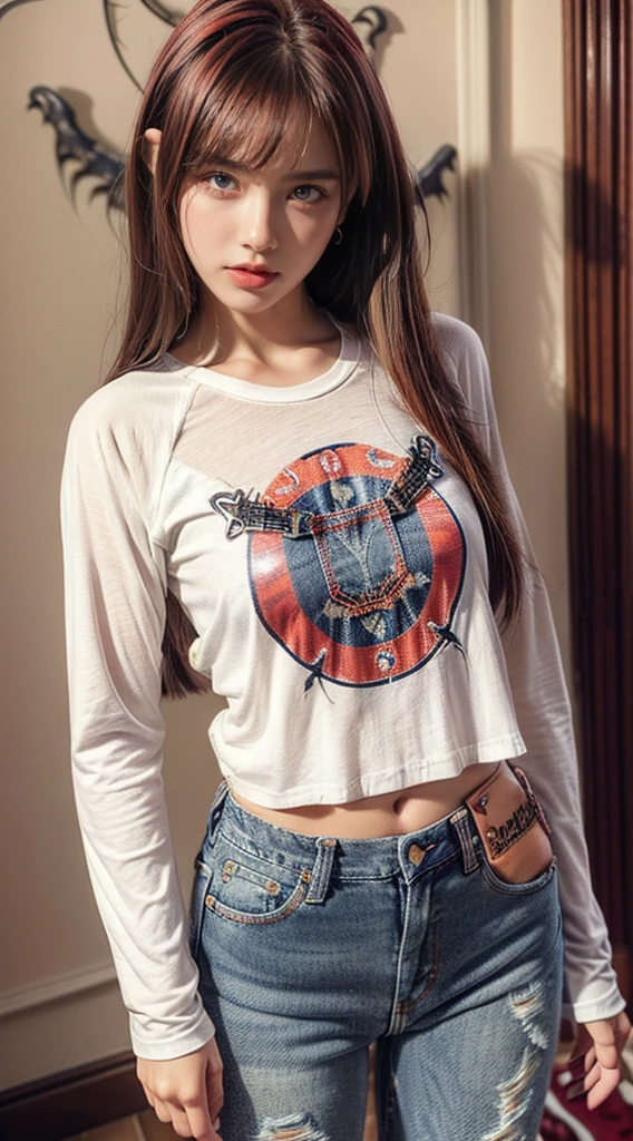 (Ultra-detailed eyes), (((textile shading))), (((Best Quality))), (((masutepiece))), (((Ultra-detailed CG))), sassy girl, (((magical little girl))), (Petite), (tiny chest), long sunburn hair, brown wavy sunburn hair, brown sunburn hair, pin up emo, ((wolfcut hair, gorgeous hair)), Pink eyes, (((spooky punk style, red and white Raglan Long Sleeve Tee, Patch Buts Cut Denim Jeans, y2k))), ((striking a pose)), (((Game CG)) (gorgeous, sassy, it girl), spooky jewelry, front of witch haunted house, spooky on background, spooky light, spooky vibe, blood on floor, strong 80s atmosphere, cowboy shot, midshot, centered image, eye on camera