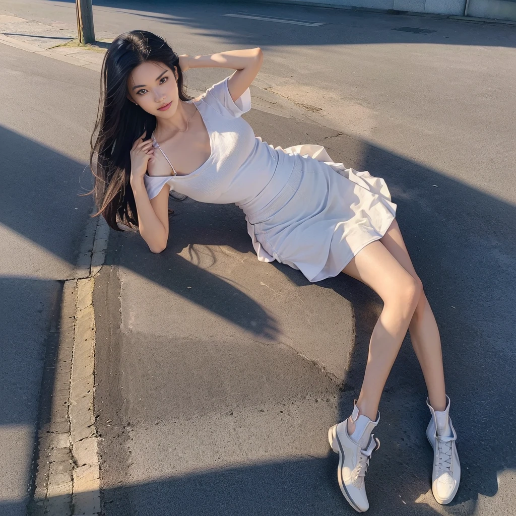 (a girl pretty girl with perfect figure), (Short flared dress), (white bra), (strapless dress), (cotton spaghetti-strap top :1.2), ((Hem full flared dress)), (midi(32K,1 20-year-old girl, The light from the rear window is backlit, Ray traching), (full body), (white sneakers), (a pair of white leather boots, highly detailed boots), (hair black), (two-parted hair :1.3), (very thick hair), (hands close to the body), (Slender chest), (visible shoe sole :1,5), (short upper chest :1.5), (pectoral muscles are large :1.5), (upper breasts are firm and round :1.5), (stretches chest stretching), (stand upright), (two shoe ends), (two shoe toes) ,(put on blush), (apply powder), (makeup), (standing), (asian girl princess), (Oversized T-shirt with excess fabric when tucked into a skirt), (seamless skirt), (long shins) , (big shins), (A hem full flared skirt)
