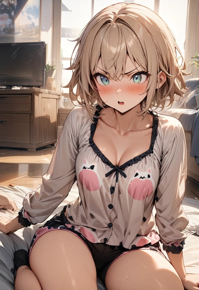(masterpiece:1.2),(best quality:1.2),(masterpiece, best quality, ultra-high resolution), (1girl), (1 character), A girl angry and surprise, low-cut top pijama, tight shorts pijama, tomboy, short hair, (looking herself)
