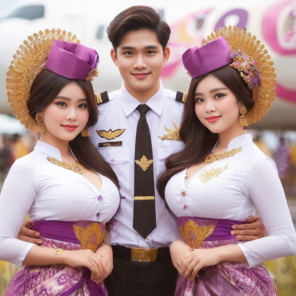 two beautiful Indonesian chubby women with one hansome man in white shirts and purple skirts posing for a picture, flight attendant uniform, traditional clothes, south east asian with long, traditional dress, traditional clothing, sukhothai costume, traditional, wearing an elegant tribal outfit, traditional beauty, wearing traditional garb, symmetric!!, wearing authentic attire, wearing beautiful clothes, sarong, batik, very beautiful enga style, profile picture 1024px