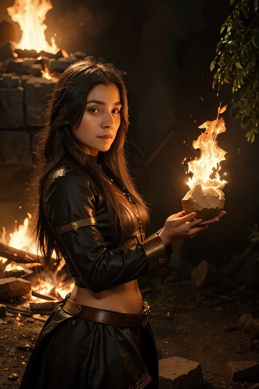 Create a female fire monster character for a fantasy setting. describe your physical characteristics, habilidades especiais, e sua personalidade. Inclua detalhes como:
Appearance: Tamanho, cor e textura da pele, cabelos ou chamas, olhos, and any other distinguishing features.
Habilidades: Poderes relacionados ao fogo, Resistance, and any other magical or physical ability.
Personalidade: Temperamento, motivation, como interage com outros personagens e seu papel no mundo de fantasia.