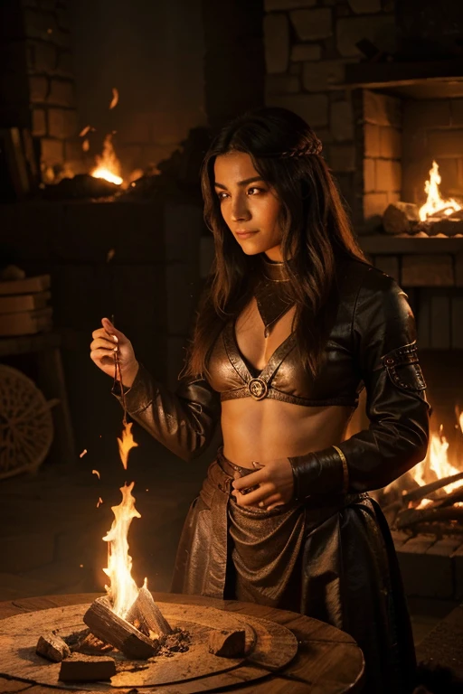 Create a female fire monster character for a fantasy setting. describe your physical characteristics, habilidades especiais, e sua personalidade. Inclua detalhes como:

Appearance: Tamanho, cor e textura da pele, cabelos ou chamas, olhos, and any other distinguishing features.
Habilidades: Poderes relacionados ao fogo, Resistance, and any other magical or physical ability.
Personalidade: Temperamento, motivation, como interage com outros personagens e seu papel no mundo de fantasia.