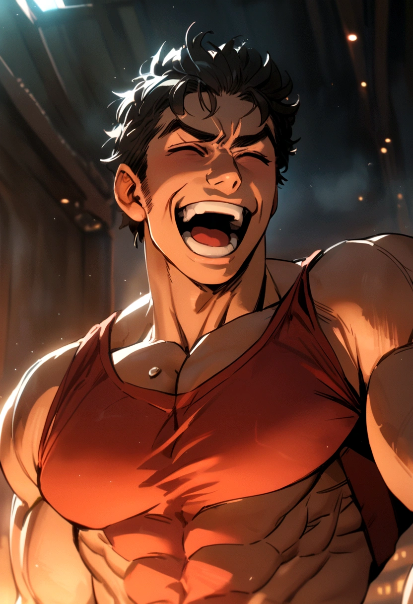 muscular man with short hair with a red shirt laughing