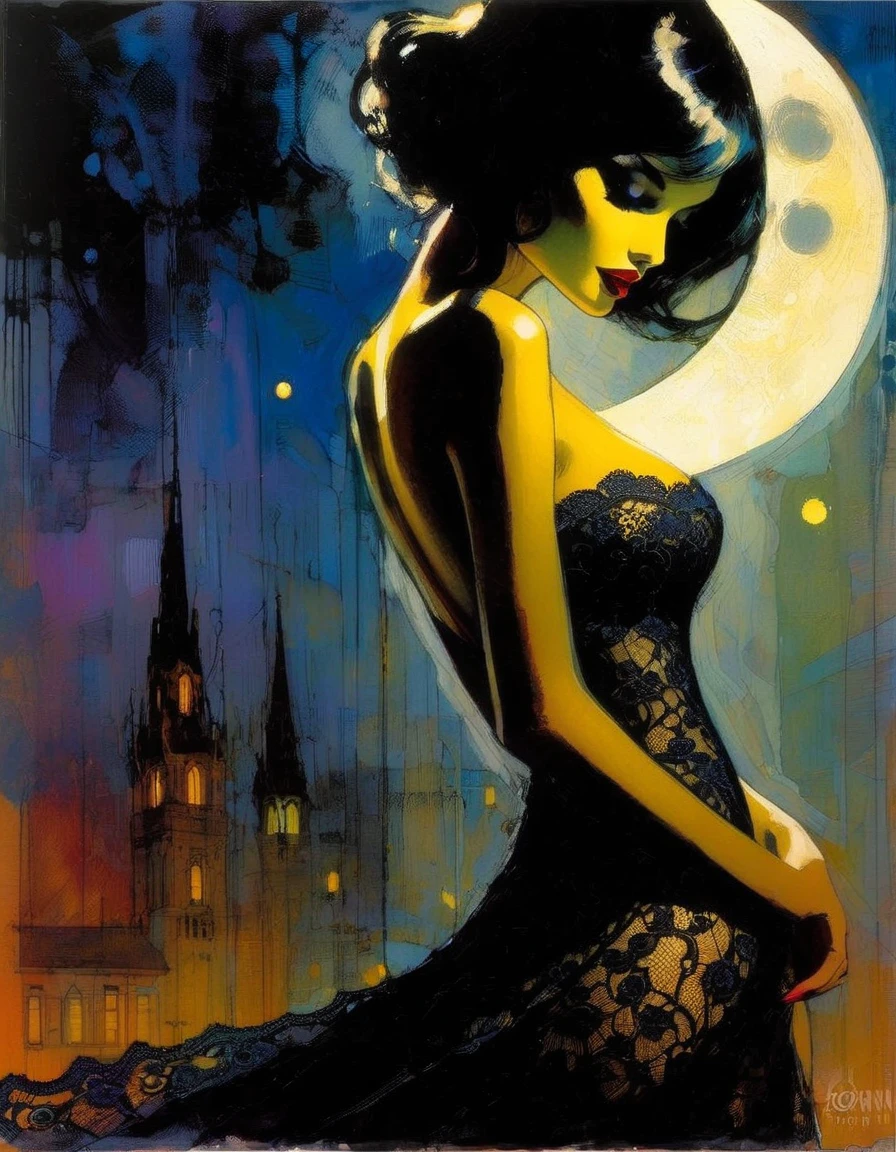 the sexy girl and the half moon, night, lace dress ( art inspired by Bill Sienkiewicz, oil painting)