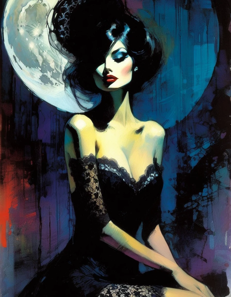 the sexy girl and the half moon, night, lace dress ( art inspired by Bill Sienkiewicz, oil painting)