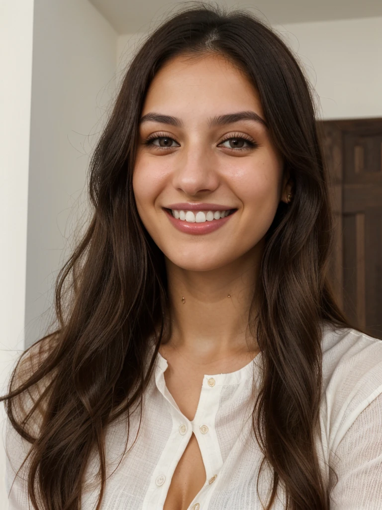 24YO, one half Russian half Jordanian women, cute smile, white teethes, long burnt orange shirt, light brown eyes, small nose, black/brown long hair