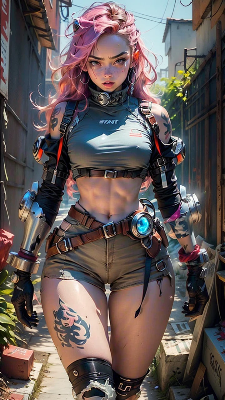 Woman body defined thick thighs cybernetic body parts, short underwear