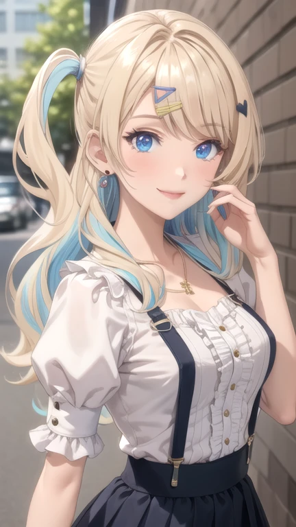 (masterpiece, best quality), ShirakawaRuna, 1girl, blonde hair, multicolored hair, bangs, one side up, long hair, blue eyes, hairclip, jewelry, earrings, medium breasts, frills, puffy sleeves, puffy short sleeves, suspenders, frilled skirt, pink skirt, smile, blush, looking at viewer, 