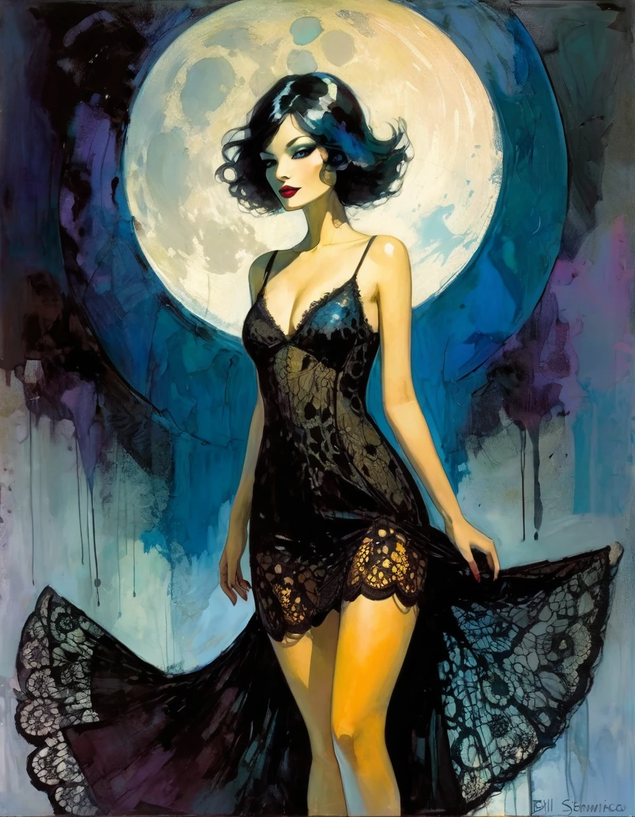 the sexy girl and the half moon, night, lace dress ( art inspired by Bill Sienkiewicz, oil painting)
