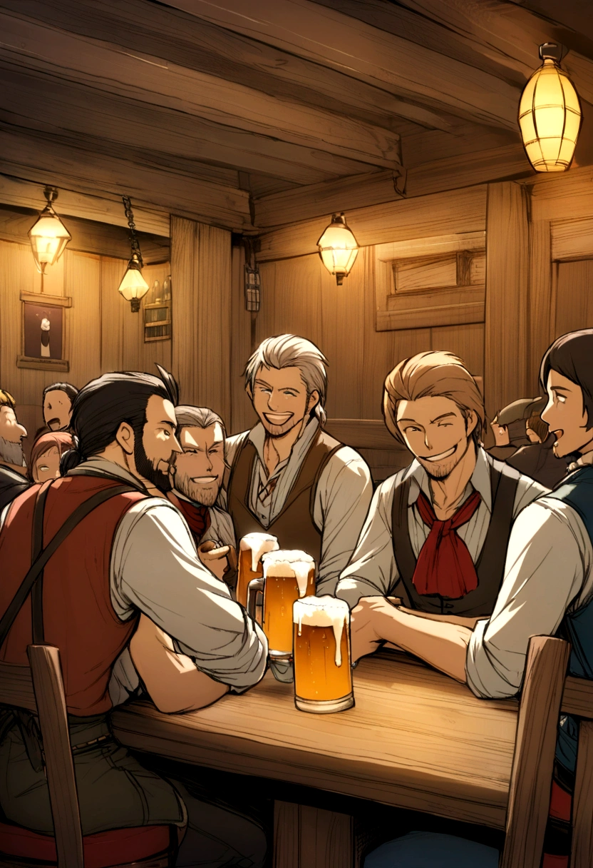 Sepia,An illustration,Vision,Landscape painting,((Never draw a character)),A lively fantasy medieval tavern on a main street,Bartender,Barrels are stacked,Rickety wooden table,The smoke from the grilled skewers fills the air.,Smells like alcohol