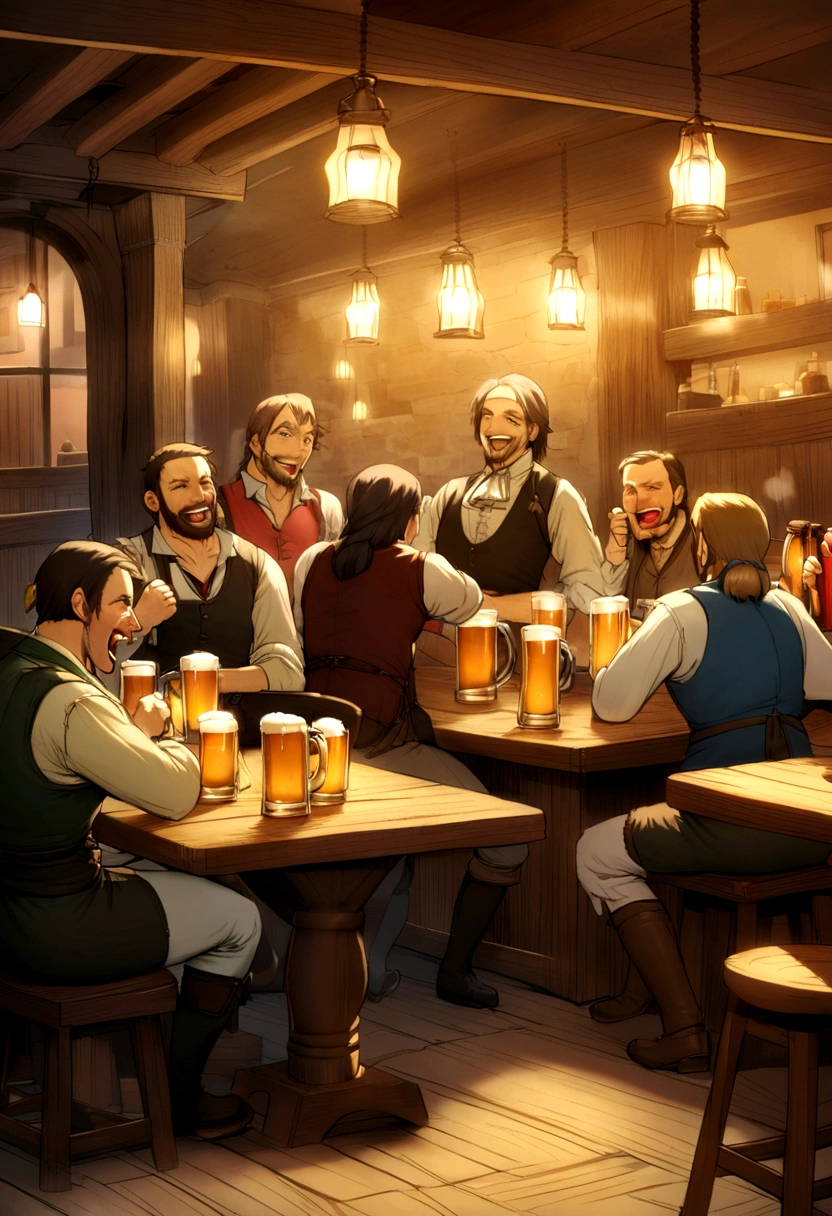 (Anime Infinite Stratus Art, 8k, ultra full high definition, epic quality, epic texture). The theme is a party in the tavern.  The setting is a medieval RPG style tavern, it is extremely detailed, it is full of men and women of different RPG classes (knights, monks, pirates, archers, and others), (((everyone is celebrating and drinking beer))) .  The focus is a man, his name is Gozamell, he is 31 years old, he is a wizard, he is short in stature, he is bald, he has brown eyes, he has a long black beard, white skin, muscular, wide chest, wide hips, he he wears a blue pointy wizard hat, he wears a blue wizard robe and blue wizard pants, he is drinking beer, he has drunken features and is very happy, he is celebrating with the people in the scene, everyone likes him a lot, full body.  The atmosphere is happy, celebratory and a lot of fun.