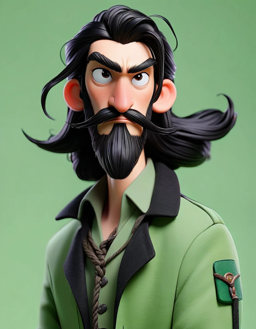 Make me a character of a man with long black hair tied up, with a thin beard, wearing a jacket, green color background