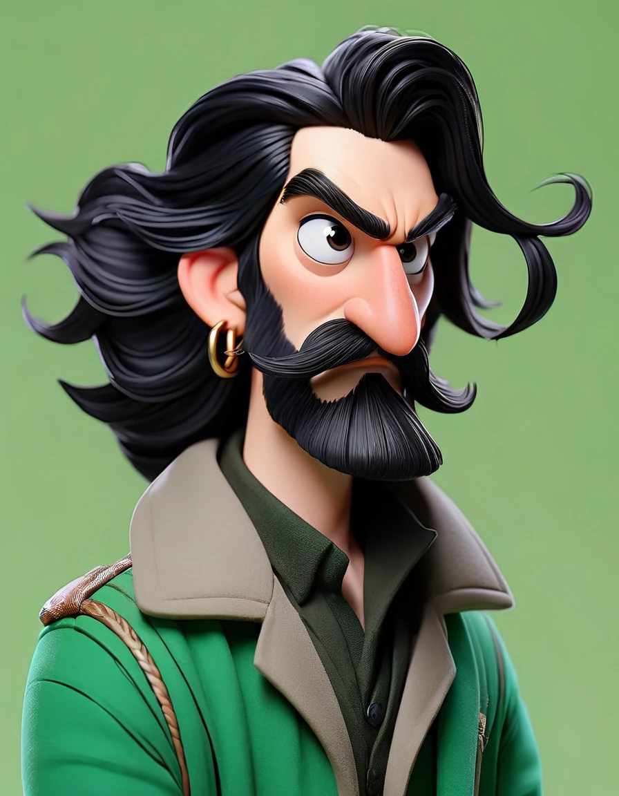 Make me a character of a man with long black hair tied up, with a thin beard, wearing a jacket, green color background