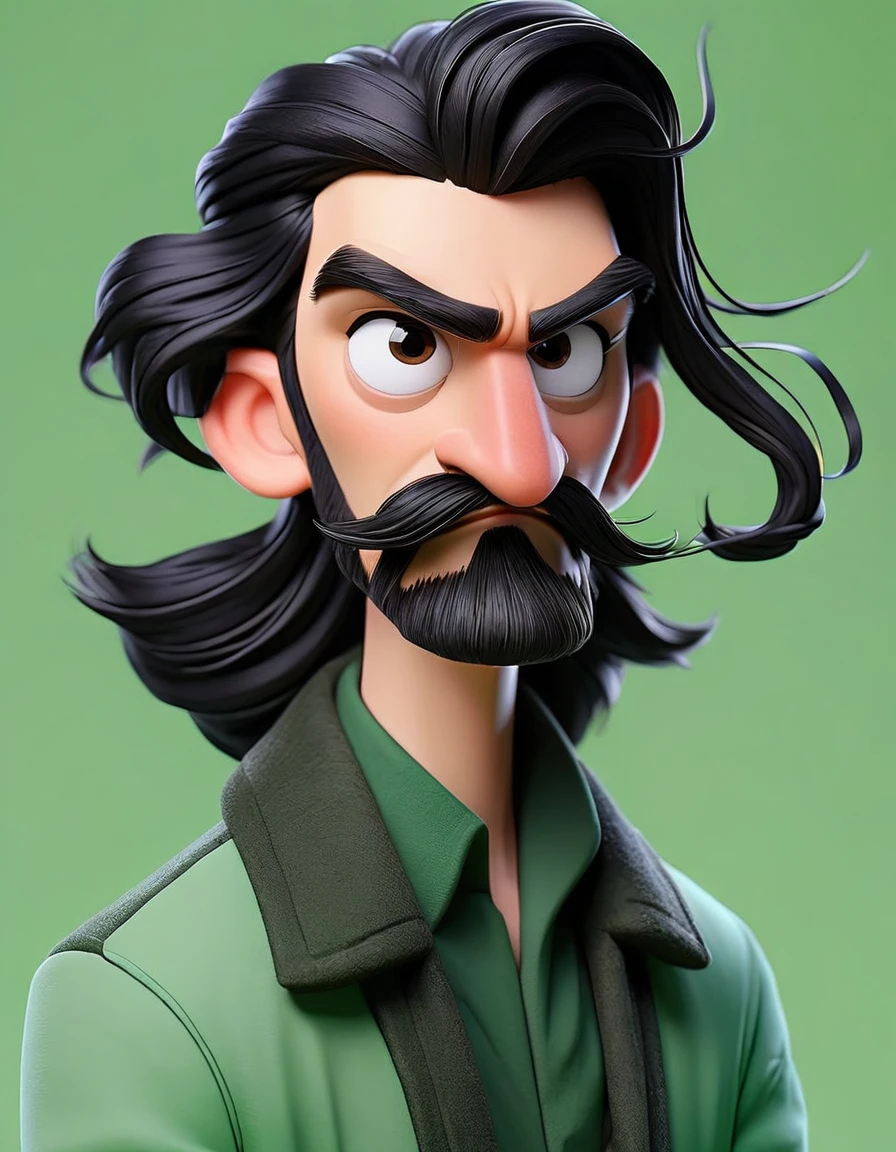 Make me a character of a man with long black hair tied up, with a thin beard, wearing a jacket, green color background