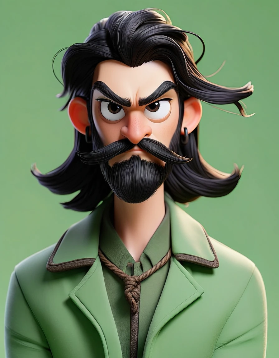 Make me a character of a man with long black hair tied up, with a thin beard, wearing a jacket, green color background