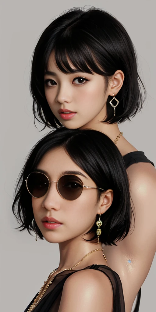 1girl, solo, looking at viewer, short hair, simple background, black hair, jewelry, earrings, parted lips, black eyes, lips, portrait