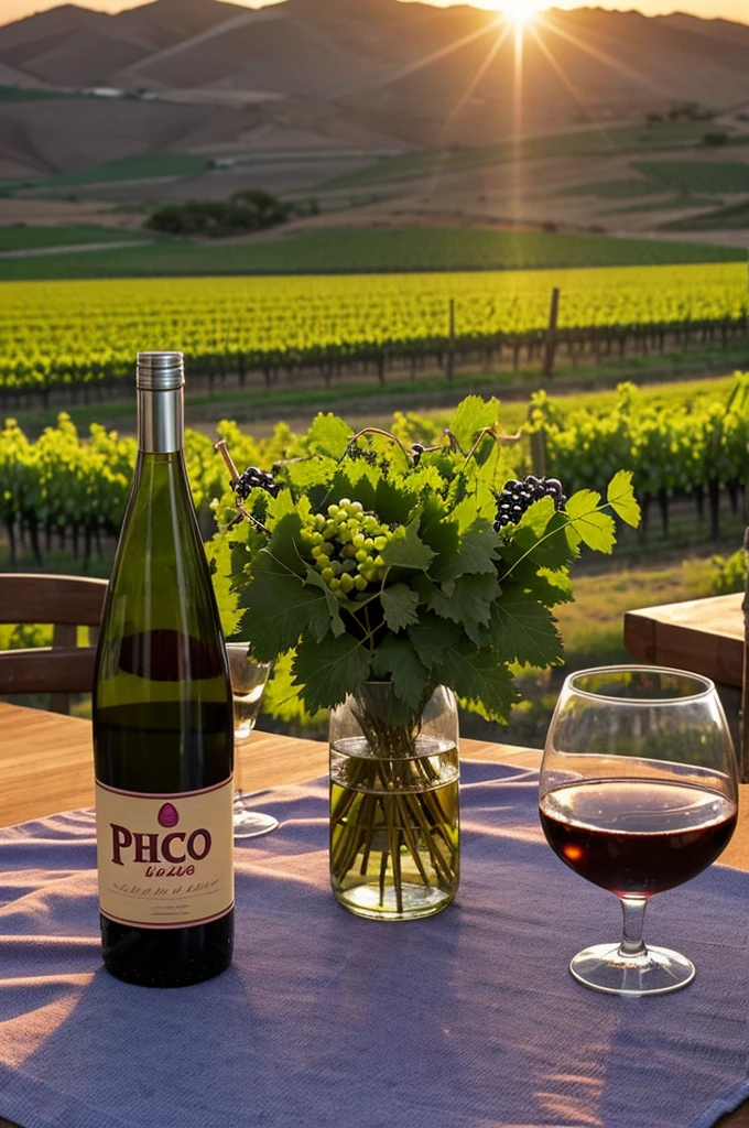 You could generate an image of a bottle of pisco in the center of a vineyard at sunset with grapes around it, decorating the table where the bottle is placed with different bouquets of grapes.