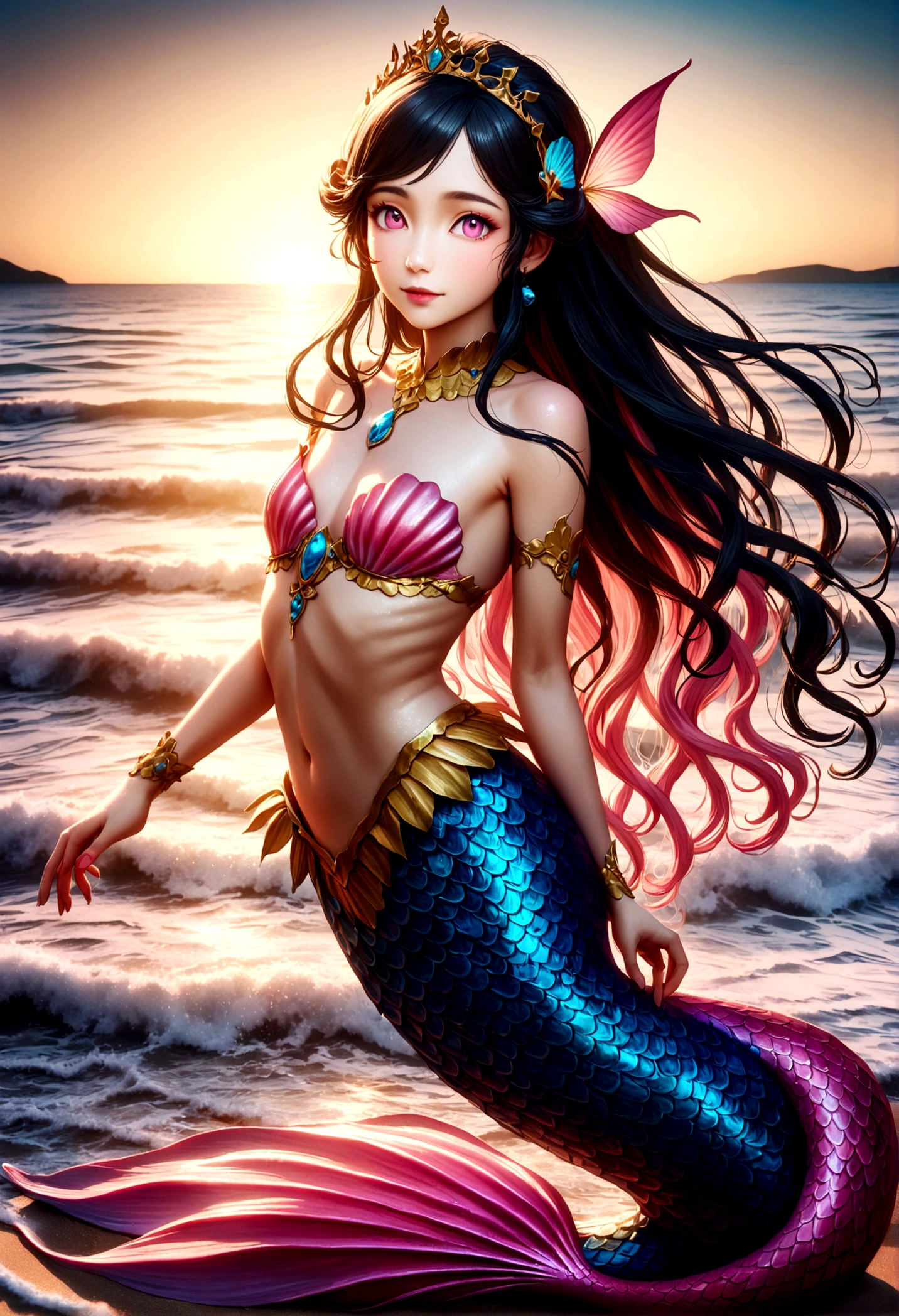 a teenage boy magically transformed into a cute mermaid, on a beach, gender bending, anime style, beautiful detailed pink eyes, long flowing black hair, happy expression, pink mermaid tail, cute shell bra, detailed intricate scales, glowing bioluminescent skin, golden accents, soft warm lighting, pastel colors, detailed ocean background, fantasy, magical realism, highly detailed, 8k, photorealistic, vibrant colors